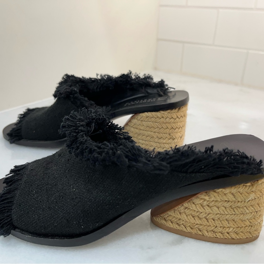 MERCEDES CASTILLO Black Fringed Mules with Tan Woven Heel